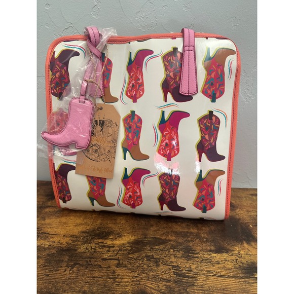 Catchfly Studio Handbags - Catchfly Studio Western Cowboy Boot Print Tote Bag Pink Coral Leather‎ Trim